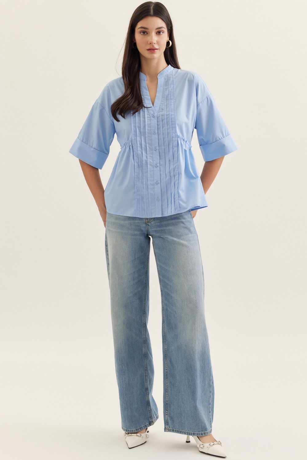 Morning Tide Pleated Top, Light Blue