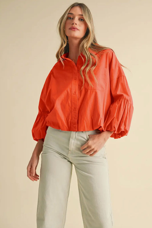 Kaia Button Down Bubble Sleeve Top, Red Orange