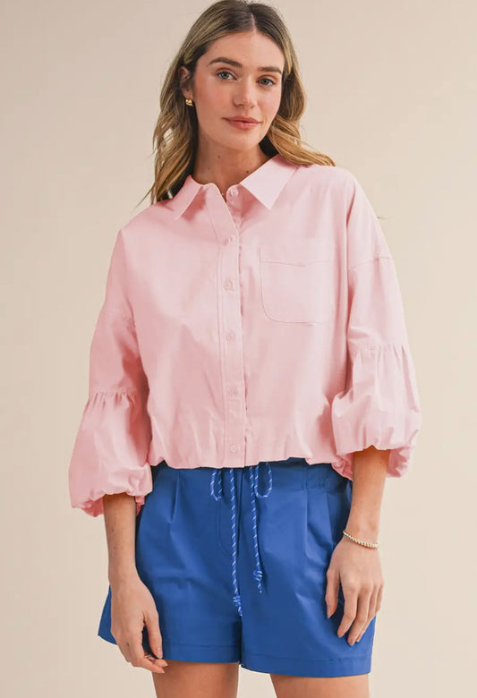 Kaia Button Down Bubble Sleeve Top, Peony Pink