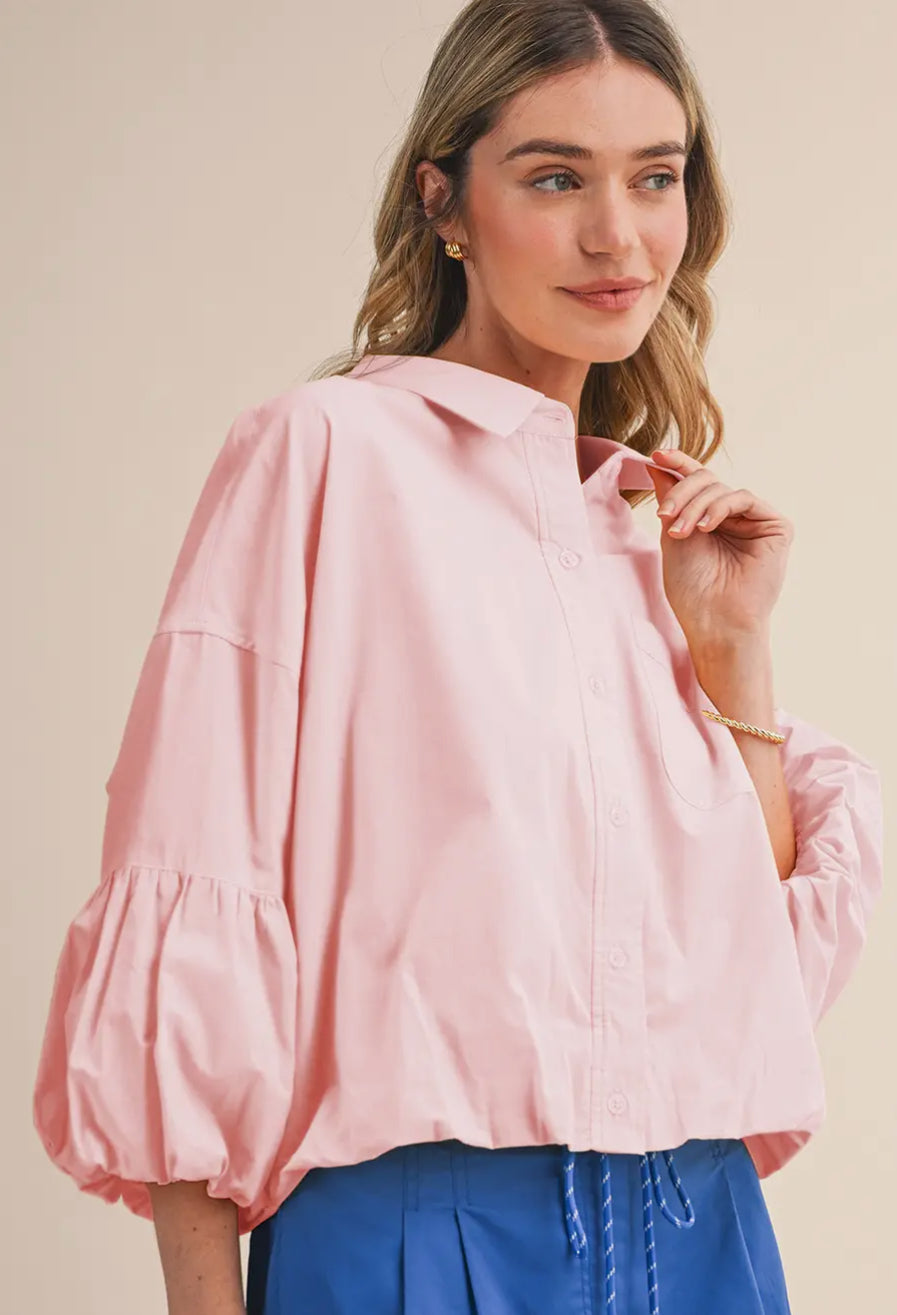 Kaia Button Down Bubble Sleeve Top, Peony Pink