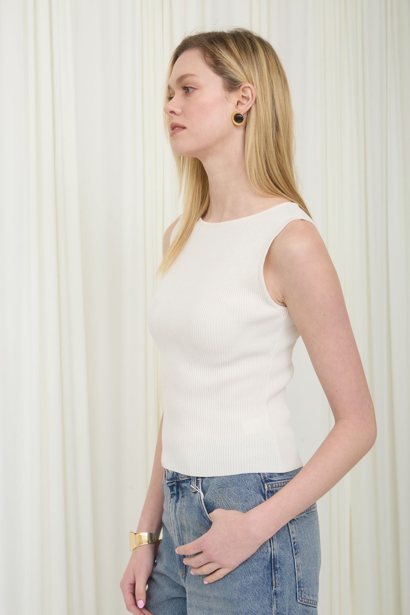 Ivory Boat Neck Ribbed Tank