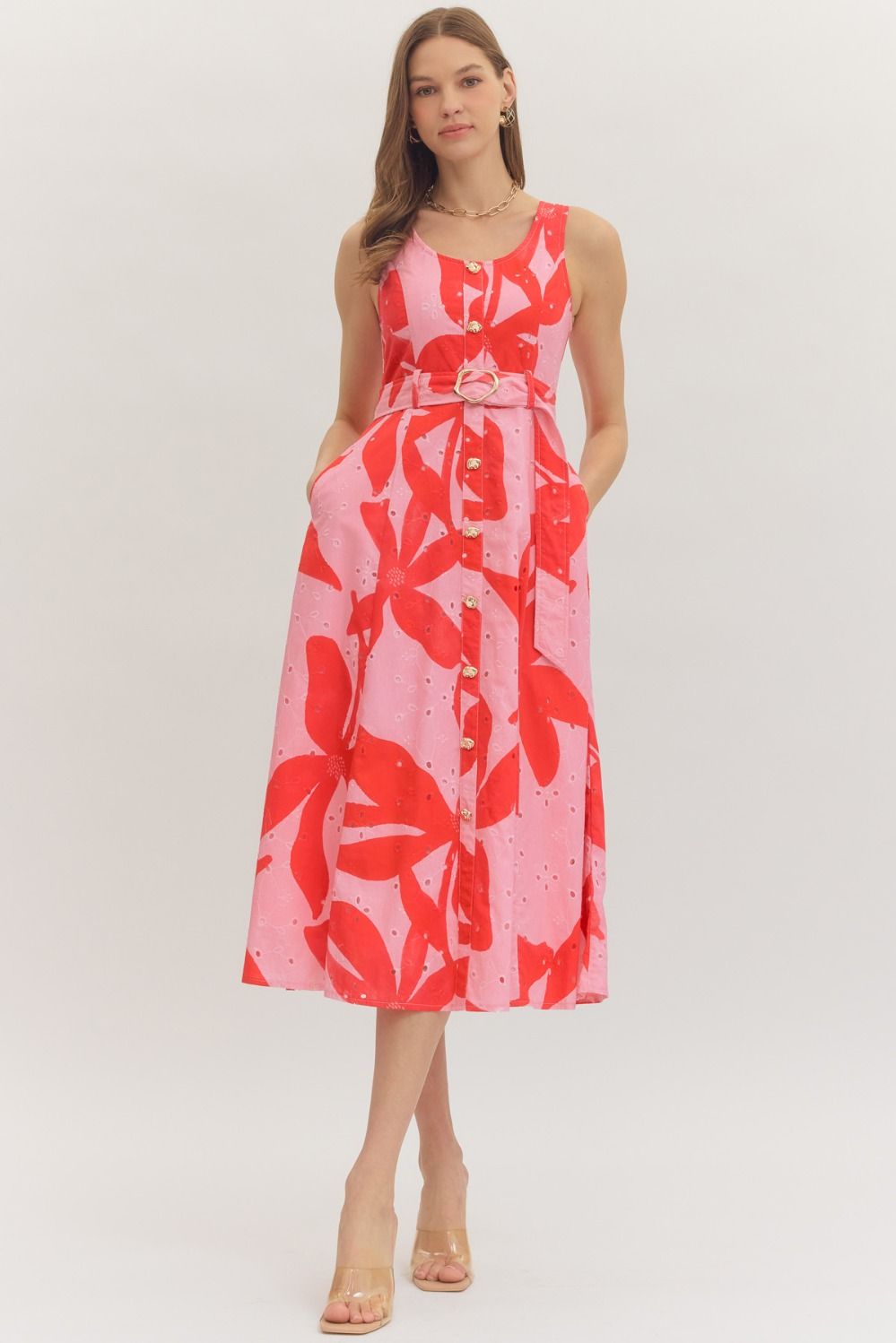 Tropic Heat Gold Button Midi Dress