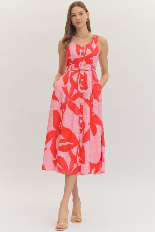 Tropic Heat Gold Button Midi Dress