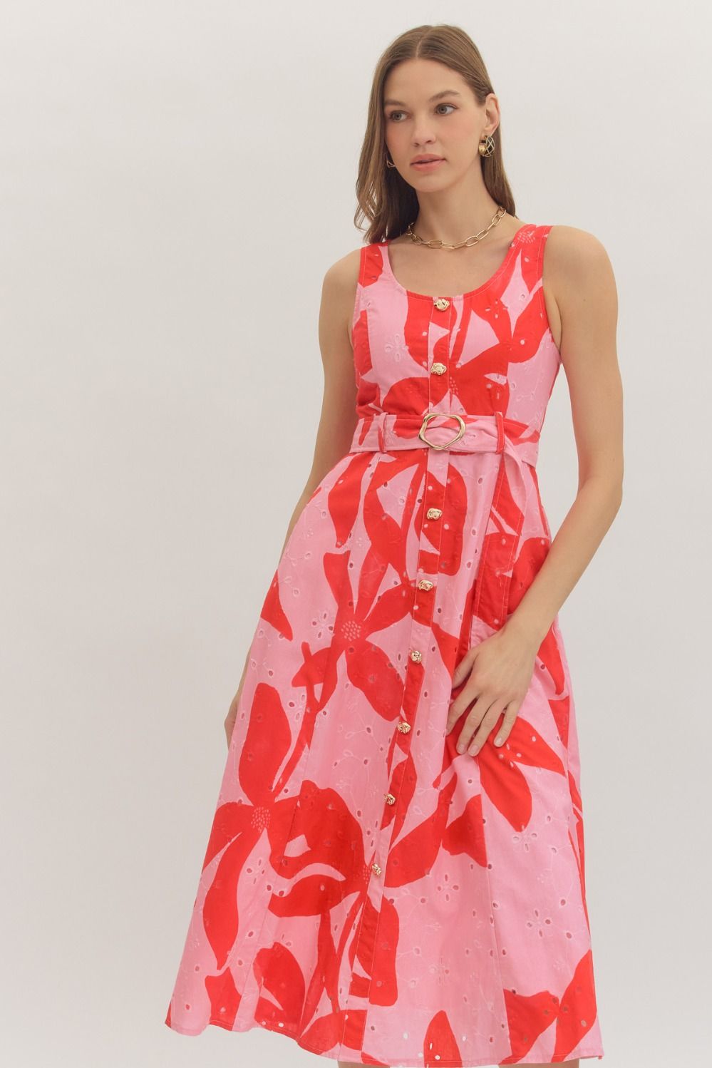 Tropic Heat Gold Button Midi Dress