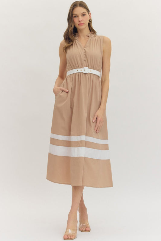 Juliet Belted Midi Dress, Latte