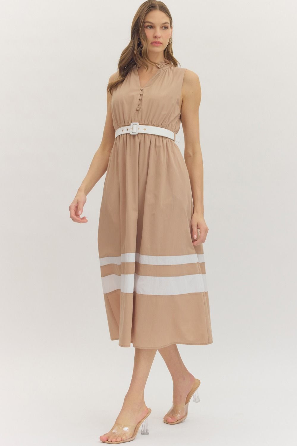 Juliet Belted Midi Dress, Latte