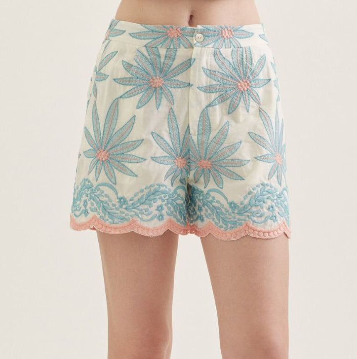Coastal Rhythm Coral and Aqua Embroidered Shorts