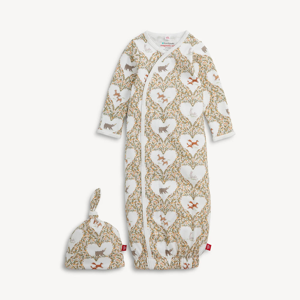 MagneticMe Organic Cotton Gown + Hat Set, Animal Heart