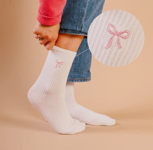 Embroidered Crew Socks, Pink Bow