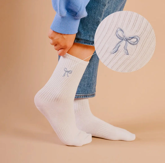 Embroidered Crew Socks, Blue Bow