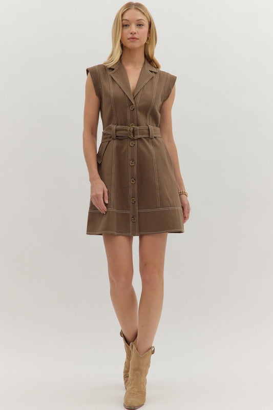 Alexa Denim Belt Dress, Brown