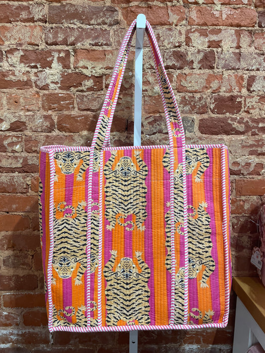 Quilted Tote Bag, Tiger Pink/Orange