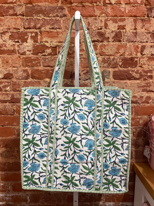Quilted Tote Bag, Green/Blue Floral