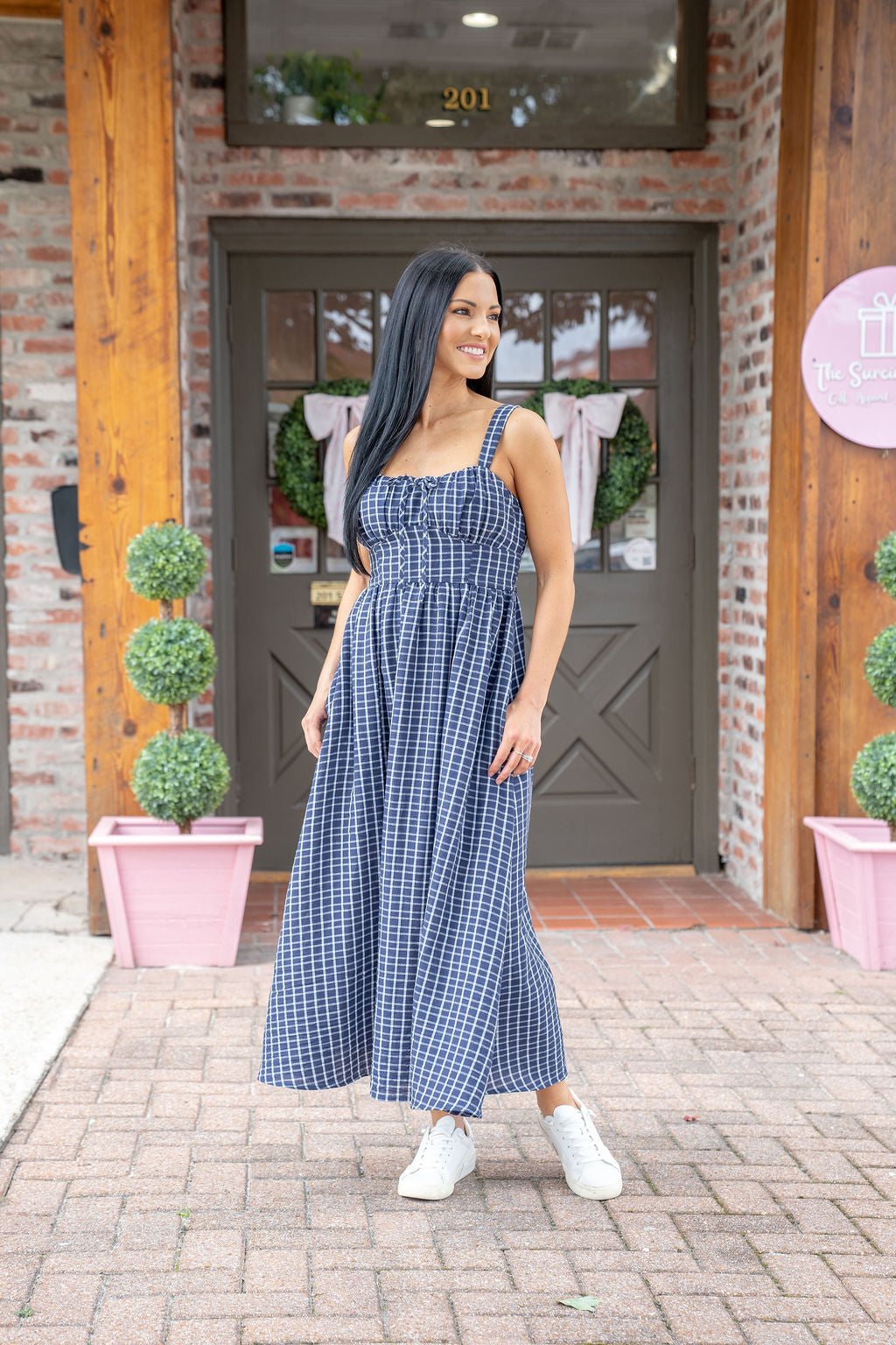 Navy Gingham Print Midi Dress