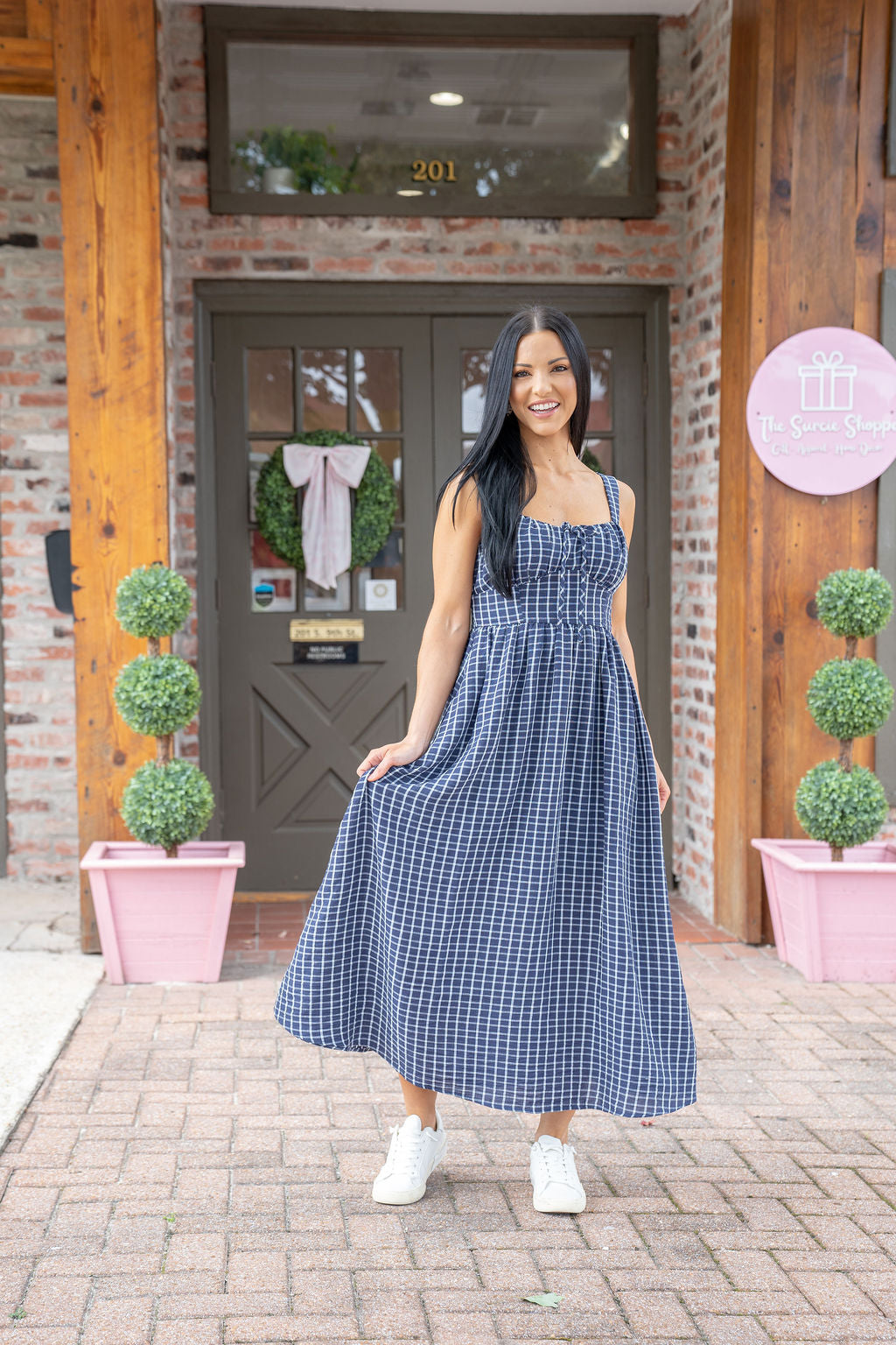 Navy Gingham Print Midi Dress