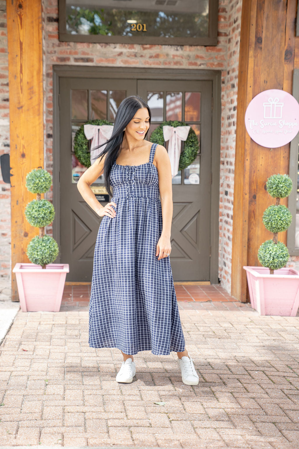 Navy Gingham Print Midi Dress