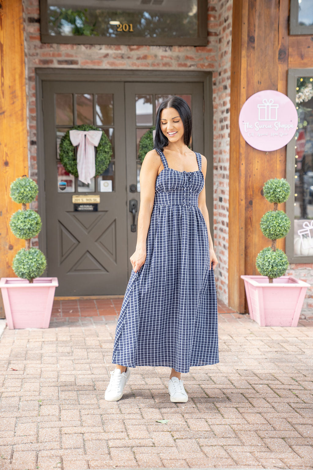 Navy Gingham Print Midi Dress