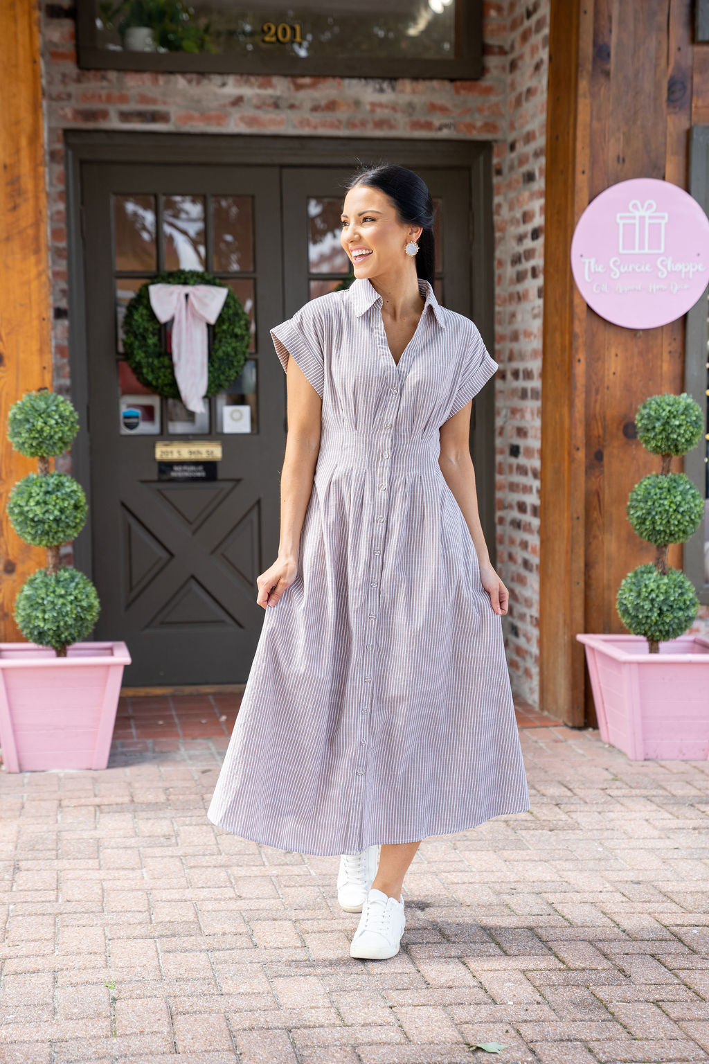 Mia Button Up Shirt Midi Dress, Tan Stripe