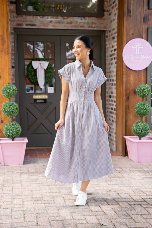 Mia Button Up Shirt Midi Dress, Tan Stripe