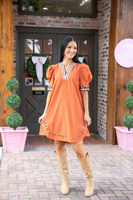Leopard Trim Dress, Rust