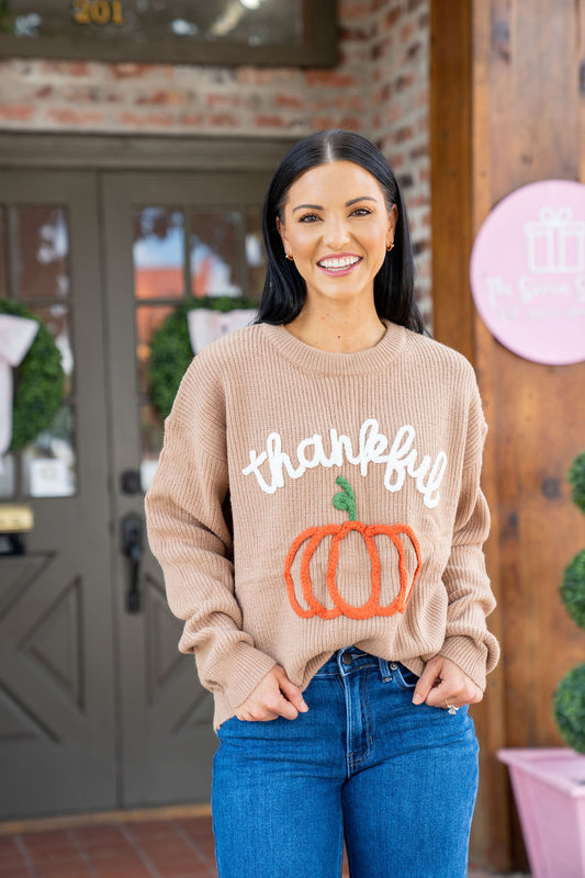 Thankful Pumpkin Embroidered Sweater