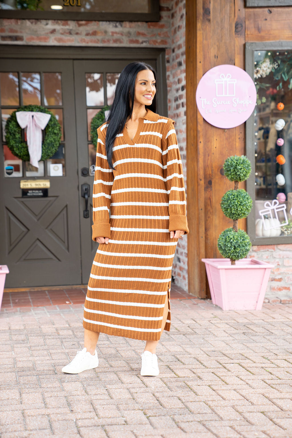 Striped Knit Midi Dress, Brown/Ivory