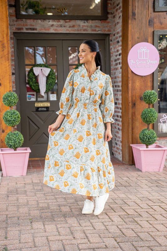 Golden Bloom Midi Dress
