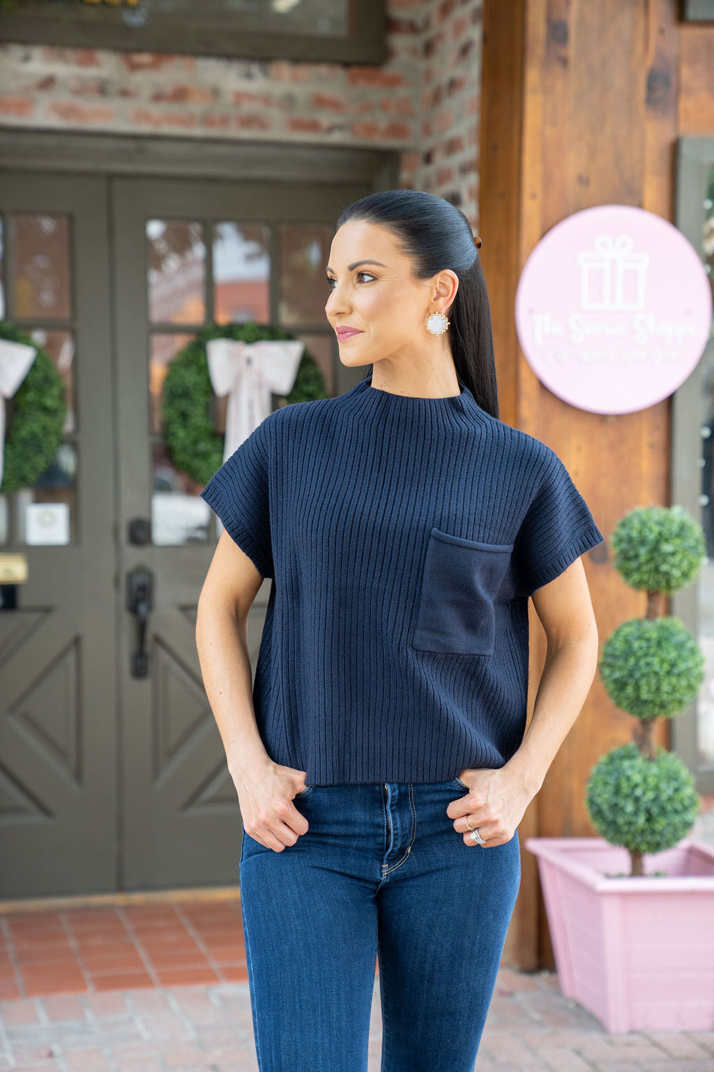 Ryan Mock Neck Pocketed Sweater, Navy