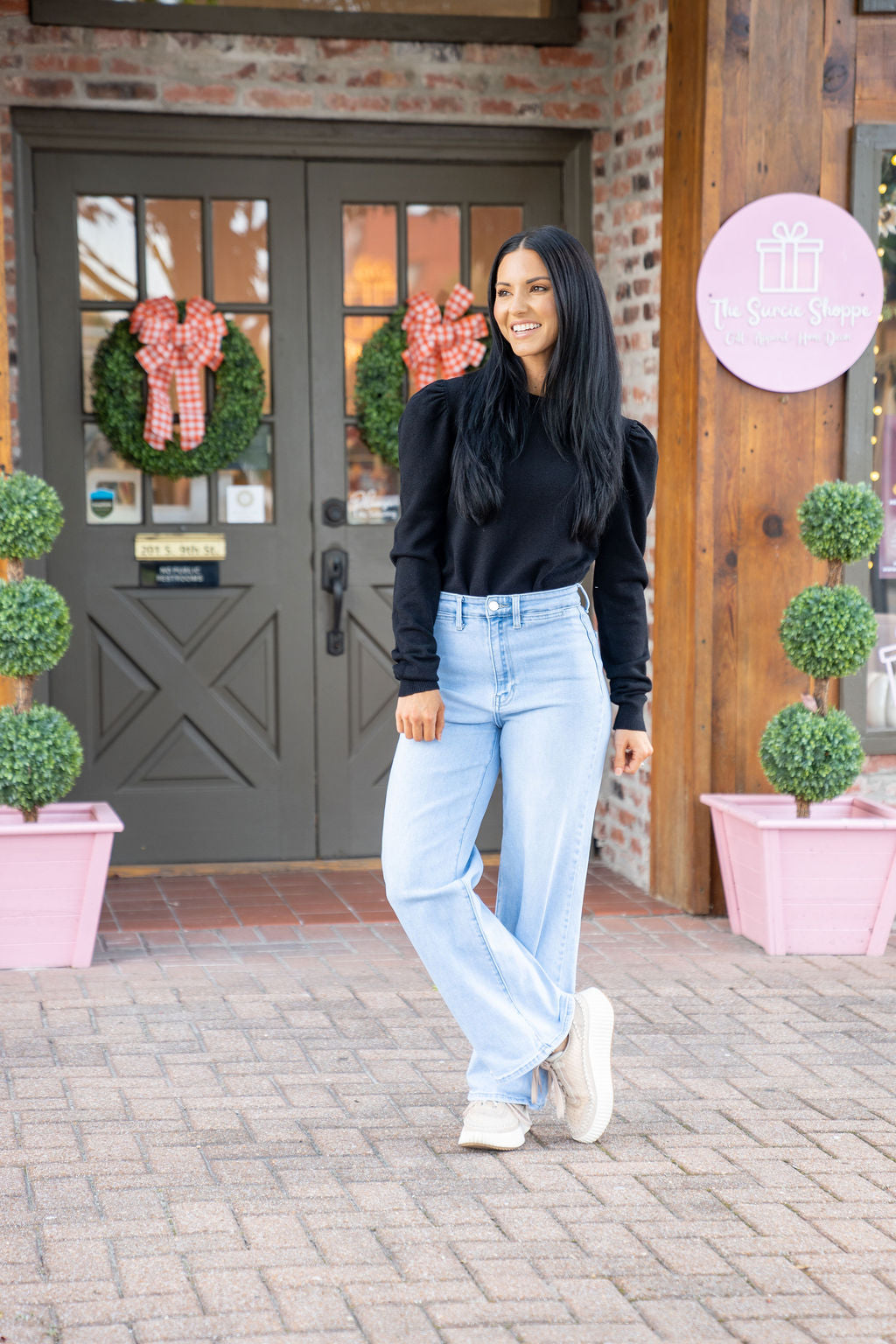 Heather Puff Sleeve Sweater, Black