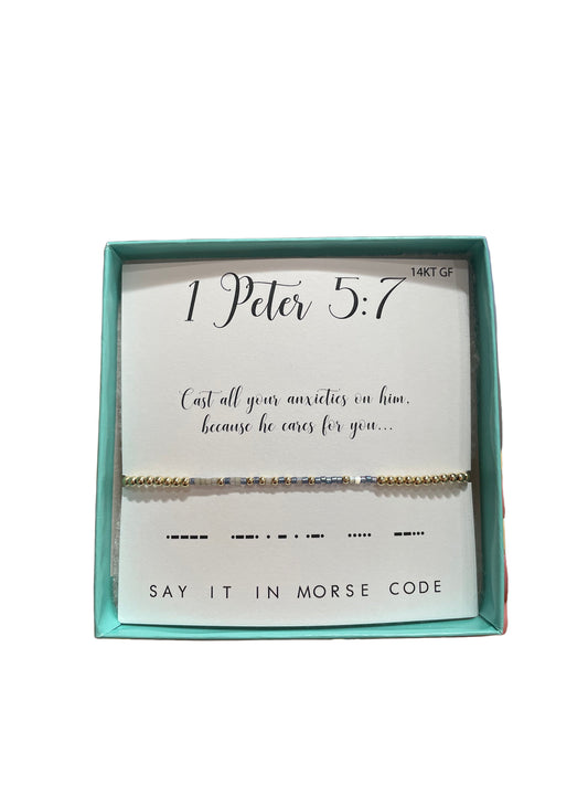 Morse Code 14K Gold Filled Stretch Bracelet, 1 Peter 5:7