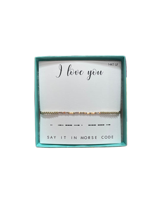 Morse Code 14K Gold Filled Stretch Bracelet, I Love You