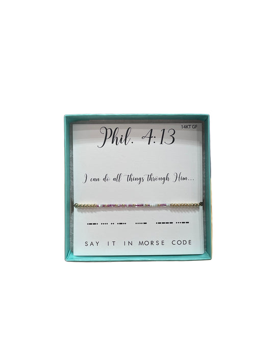 Morse Code 14K Gold Filled Stretch Bracelet, Phil 4:13