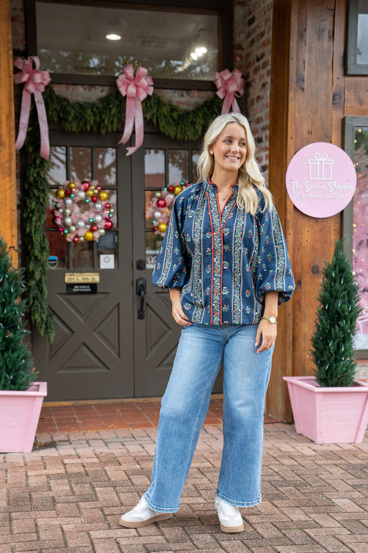 Evergreen Embroidered Peasant Top