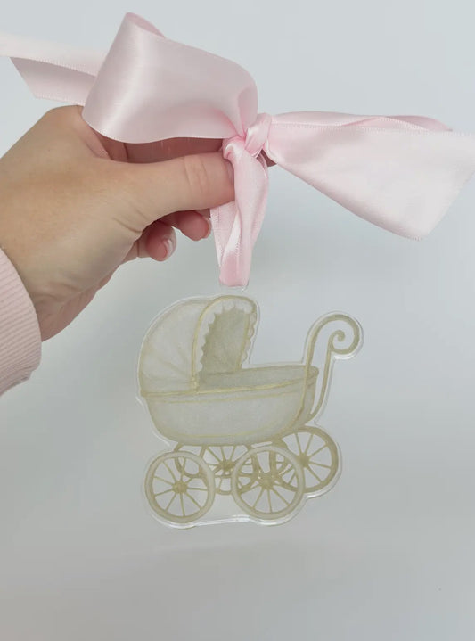 Acrylic Baby Carriage Ornament (Multiple Ribbon Color Options)