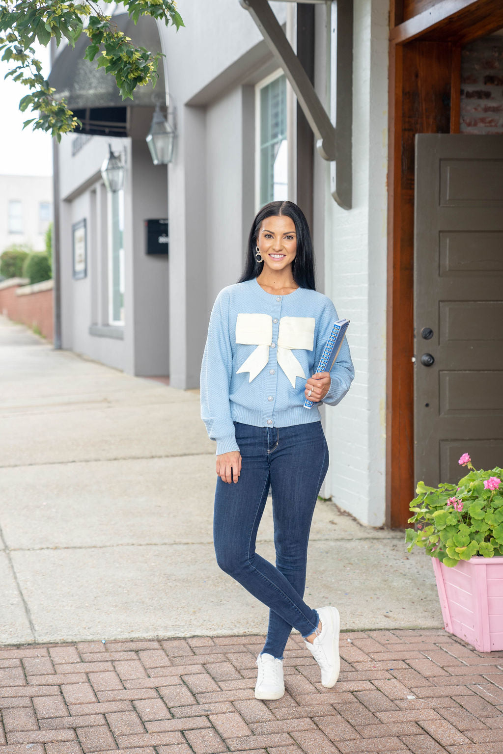 Bow Cardigan Sweater, Lt Blue/Ivory