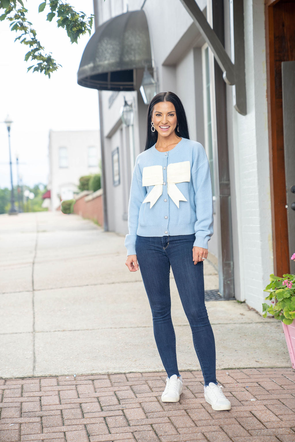 Bow Cardigan Sweater, Lt Blue/Ivory