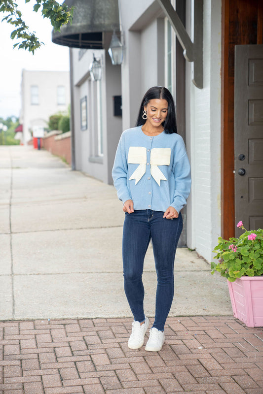 Bow Cardigan Sweater, Lt Blue/Ivory