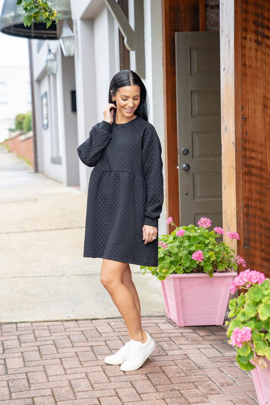 Textured Sweatshirt Dress, Black