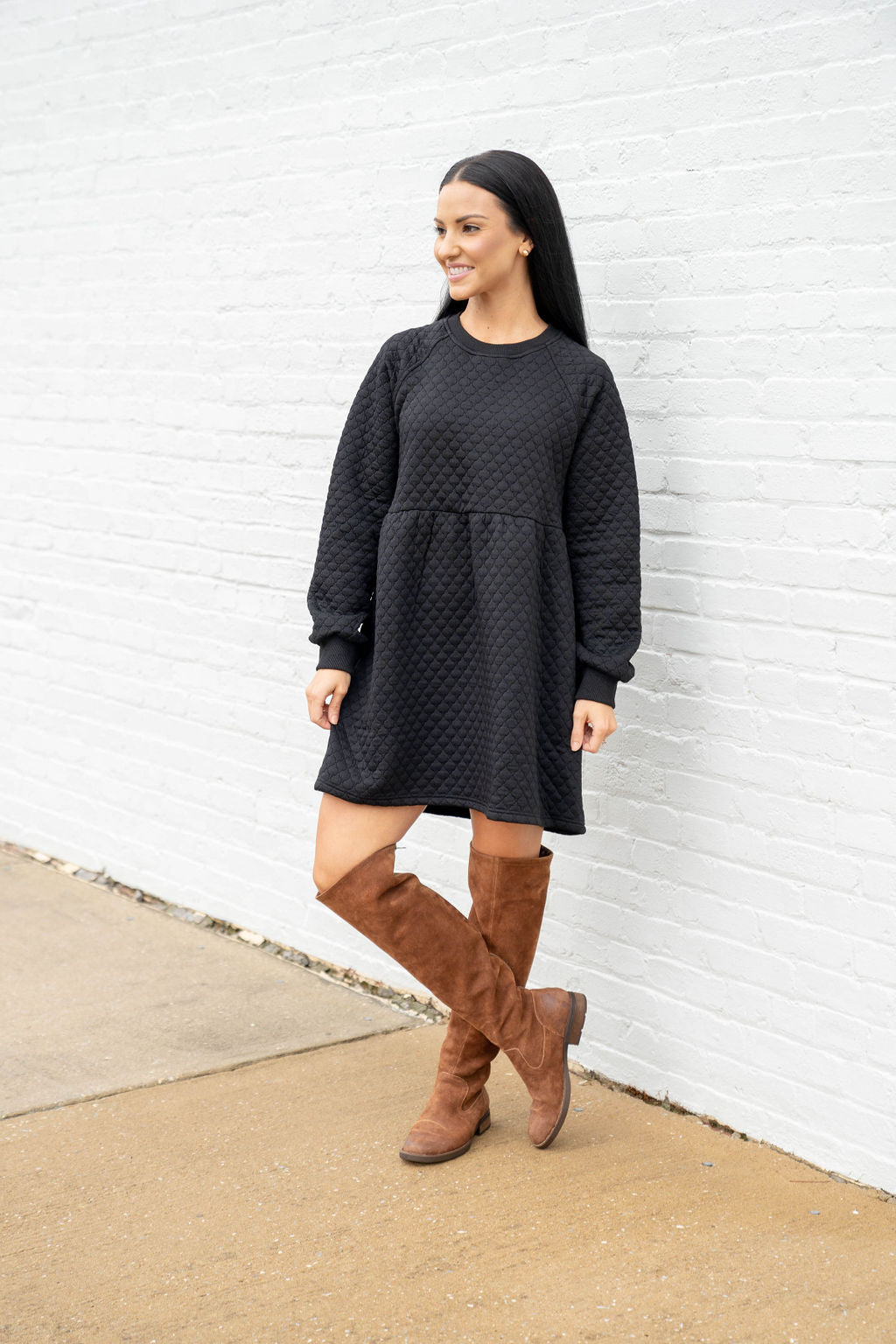 Textured Sweatshirt Dress, Black