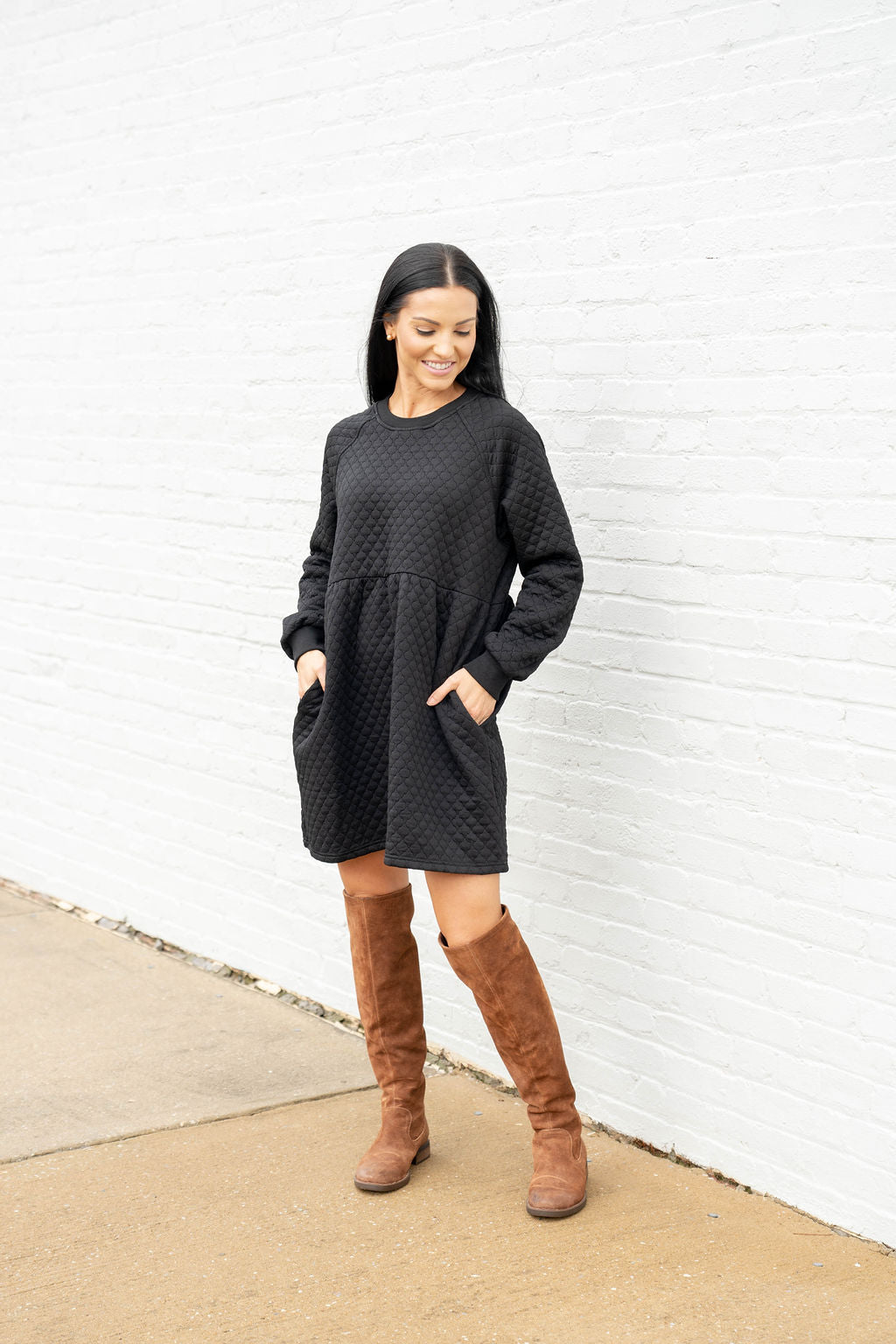 Textured Sweatshirt Dress, Black