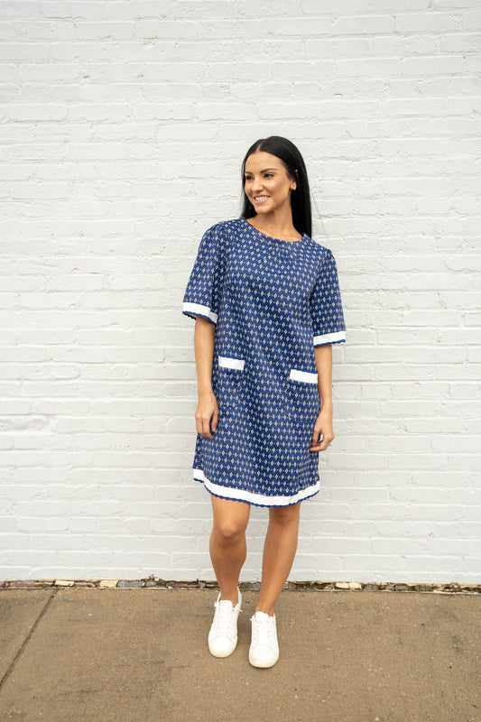 Diamond Print Knit Dress, Navy