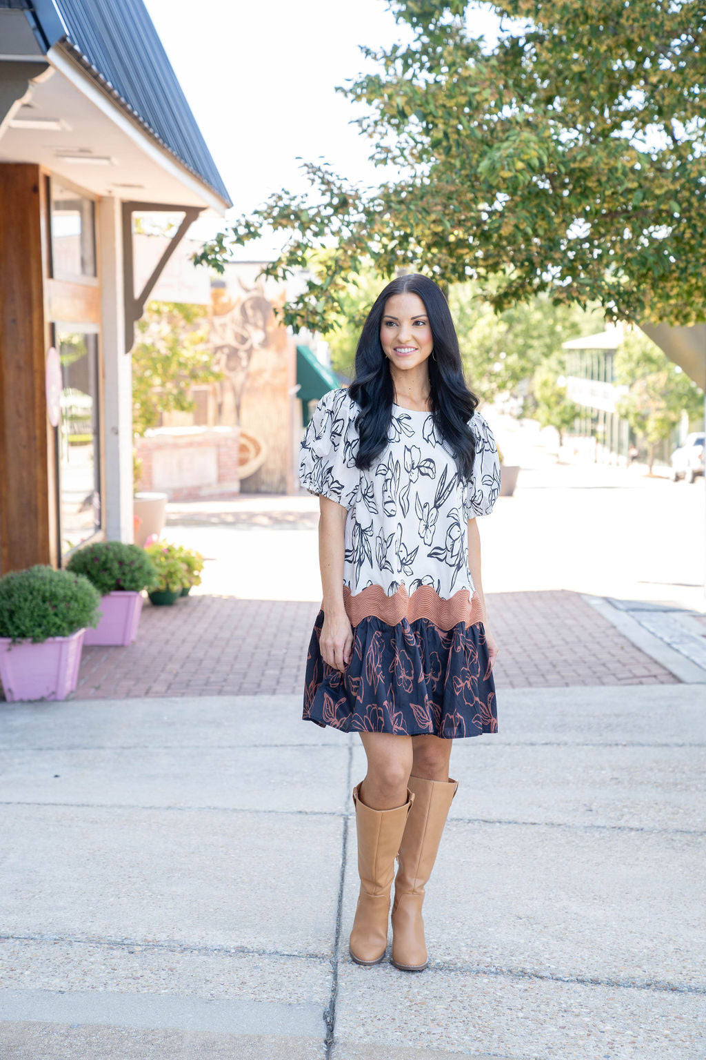 Almond Trim Floral Dress