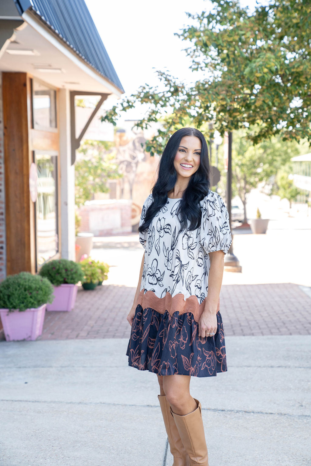 Almond Trim Floral Dress