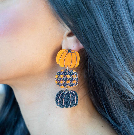 Glitter 3 Tiered Pumpkin Drop Earrings