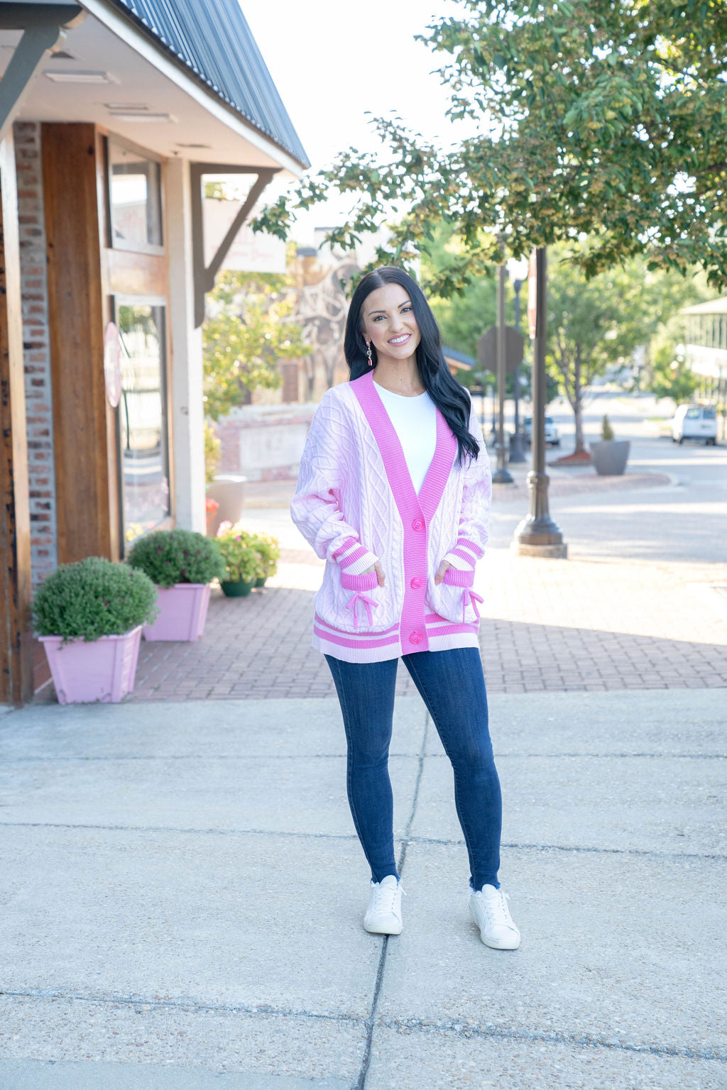 Cable Knit Cardigan with Bow Tacking, Lt Pink