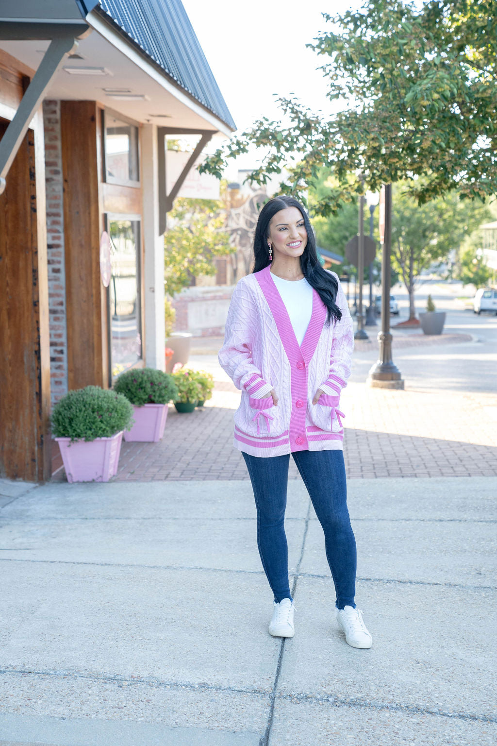 Cable Knit Cardigan with Bow Tacking, Lt Pink