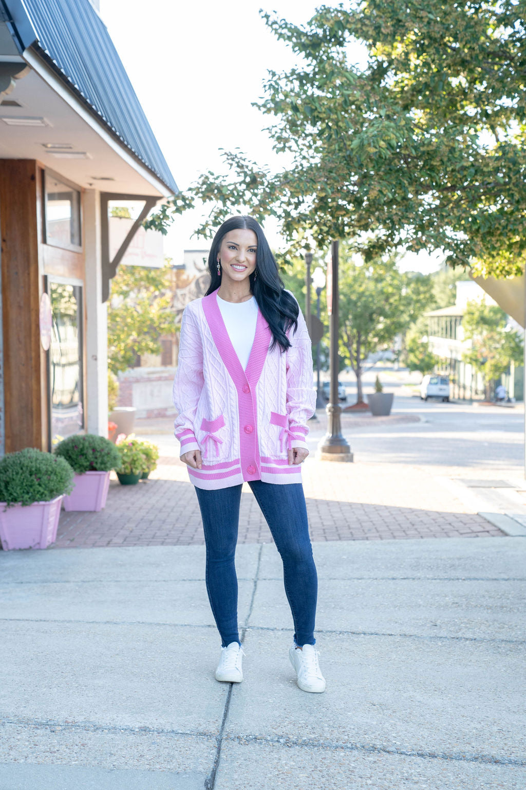 Cable Knit Cardigan with Bow Tacking, Lt Pink