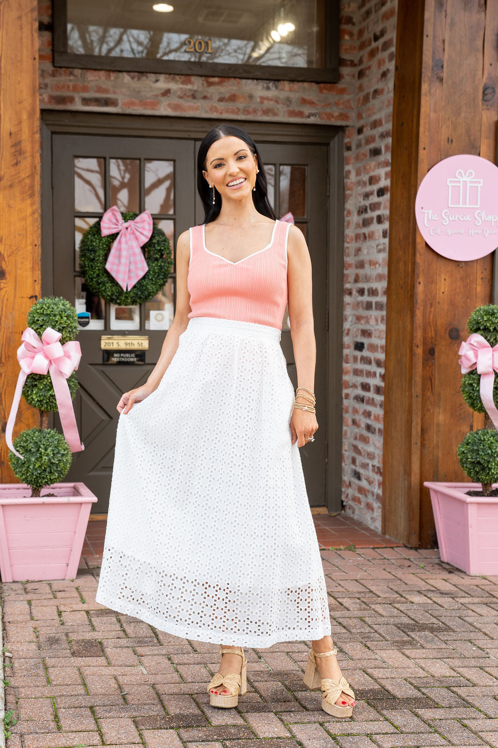 Eyelet Midi Skirt, White