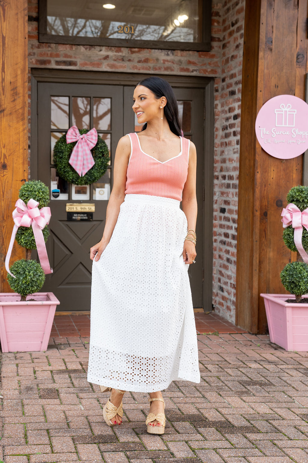 Eyelet Midi Skirt, White