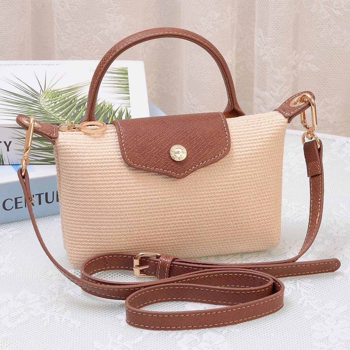 Lacey Straw Mini Crossbody Bag: Brown